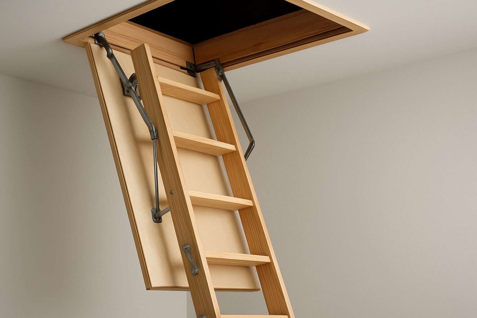 A wooden loft ladder extended from a ceiling opening in a home interior